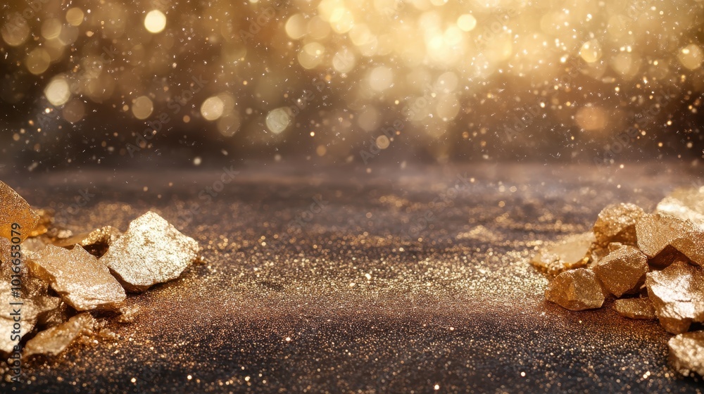 Poster shimmering gold dust and rocks create a dazzling scene under softly blurred bokeh lights, intertwini