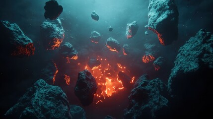 Fototapeta premium A stunning asteroid belt filled with glowing rocks and dust, floating in the deep void of space, ideal for a sci-fi adventure setting