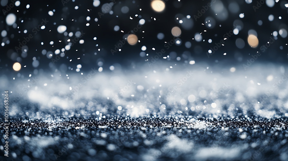 Poster abstract background of falling glitter and bokeh lights against a dark backdrop.