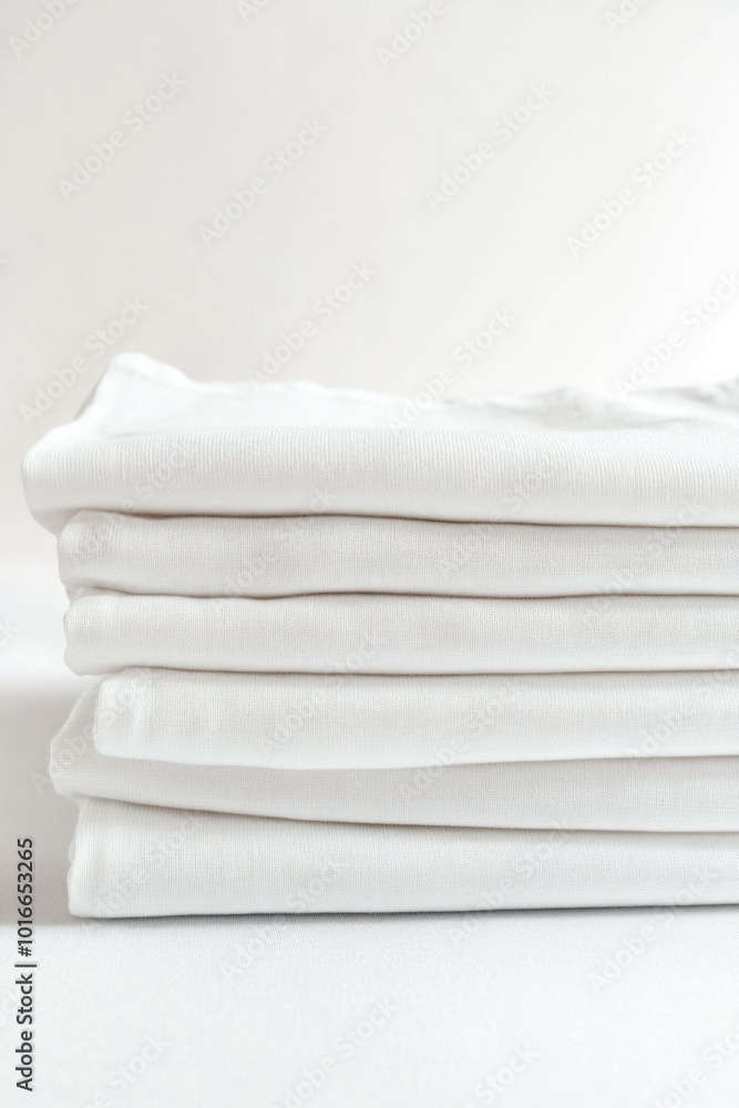 Poster stack of folded white towels sitting on a table, perfect for use in bathroom or spa settings.