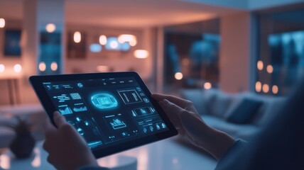 A person interacts with a tablet, displaying smart home controls in a modern, cozy living room illuminated with soft lights.