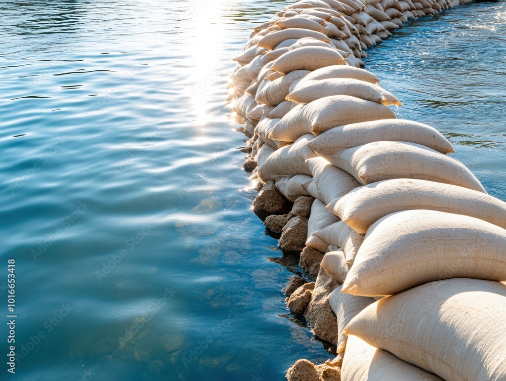 Poster a serene view of sandbags lining a tranquil water surface, reflecting light and creating a calming a