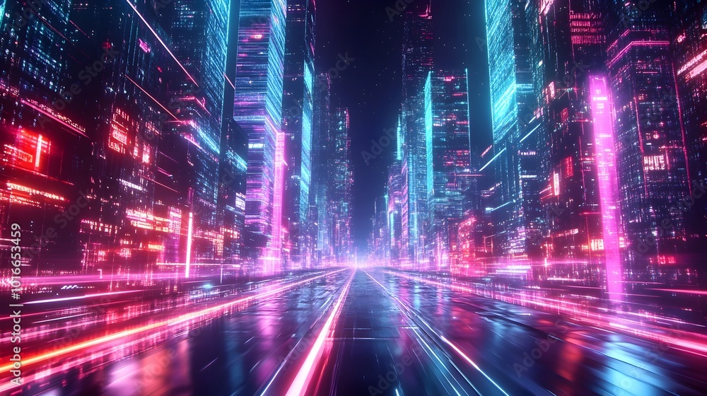 Poster electrifying neon lit backdrop with futuristic graphics vivid colors and glowing accents creating an