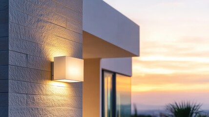 Modern wall light fixture illuminating a stylish exterior at sunset, creating a warm and inviting atmosphere.