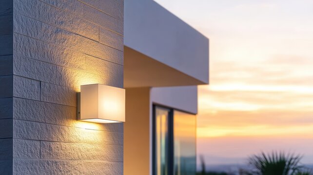 Modern wall light fixture illuminating a stylish exterior at sunset, creating a warm and inviting atmosphere.