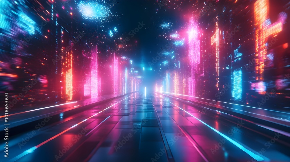 Aufkleber mesmerizing neon themed fireworks display with vibrant glowing colors and futuristic designs creatin