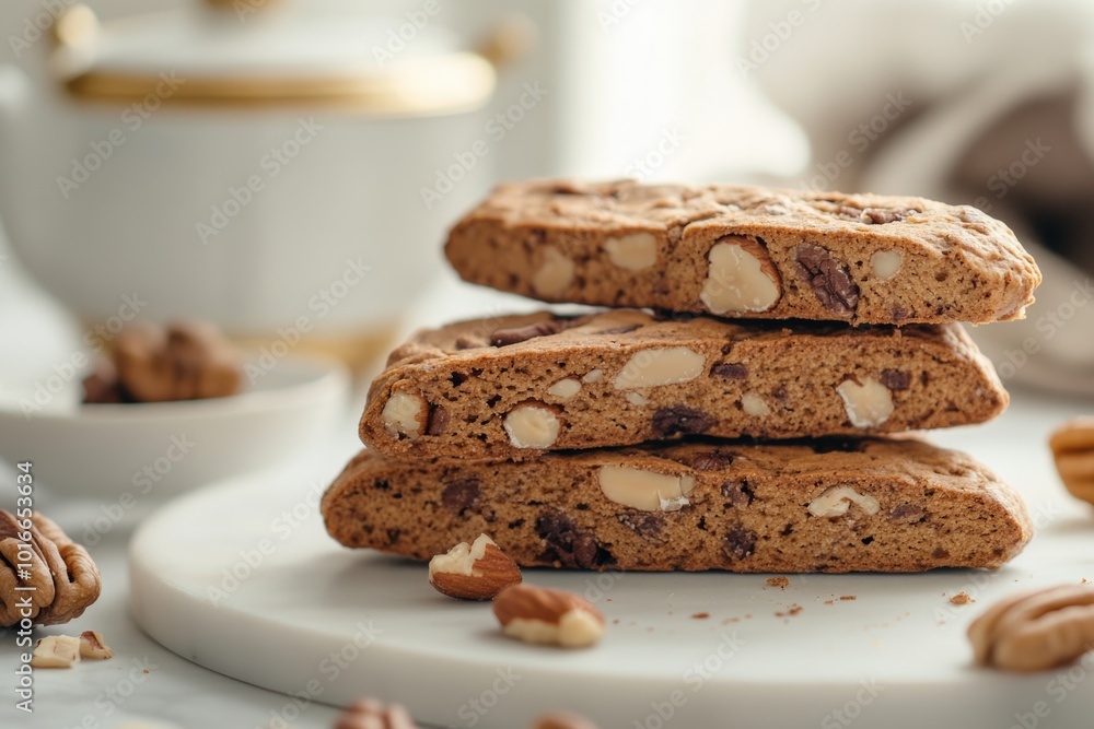 Poster a stack of cookies sitting on a white plate, perfect for serving or displaying.