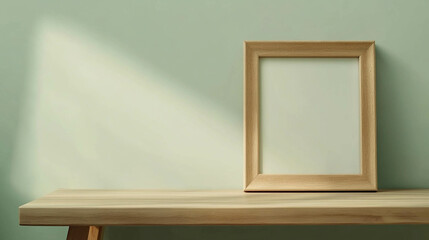 A wooden frame on a wooden table agaisnst a light green wall and sunlight reflection
