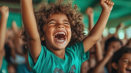 A young child is seen inside, enthusiastically cheering with raised arms, surrounded by other kids, highlighting a moment of pure joy and excitement among peers.