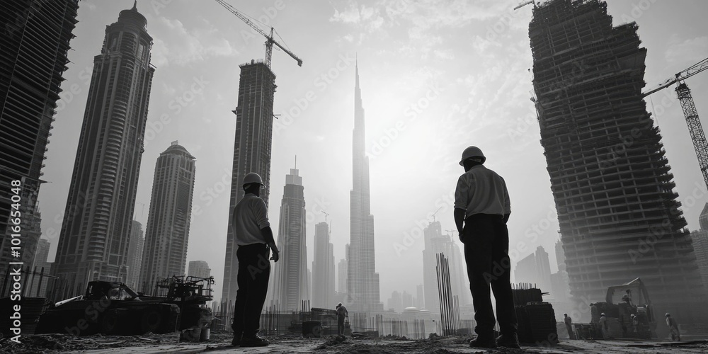 Poster Two individuals standing outside a tall structure with windows and doors, .