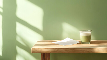 Iced matcha on a wooden table next to a blank paper and sunlight reflection