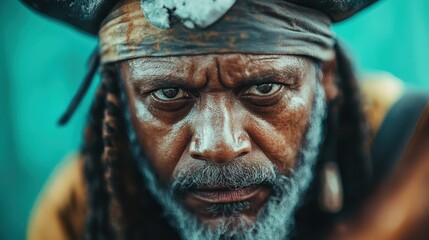 A close-up of a pirate with intense eyes and a fierce expression, showcasing traditional pirate attire, evoking themes of adventure and defiance.