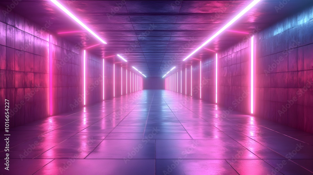 Poster glowing neon grid horizon in retro futuristic architectural corridor symmetrical and geometric abstr