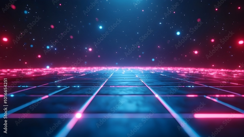 Poster captivating digital showcasing a retro futuristic neon grid horizon in a vibrant style creating a me