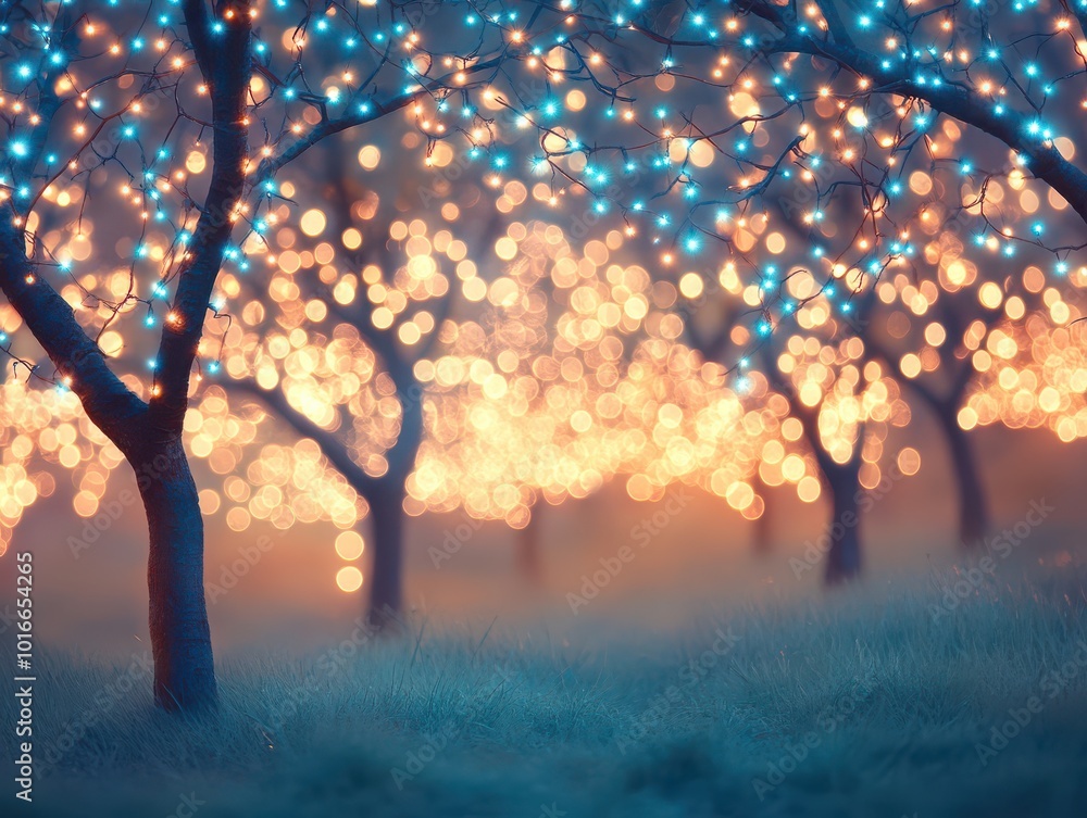 Aufkleber enchanting trees illuminated with glowing lights, creating a magical atmosphere in a serene outdoor 