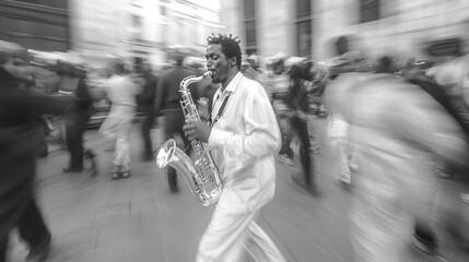 Urban Rhythm: Energetic Street Corner with Musicians and Dancers Capturing a Life-Like Celebration Atmosphere