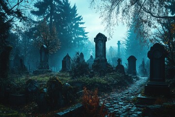 A cemetery surrounded by trees in the dark of night, ideal for use in scenes about mystery, horror or atmospheric settings.