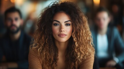 Fototapeta premium A confident woman with curly hair sits in a casual setting, exuding calm and assurance, surrounded by blurred figures in the background during the daytime.