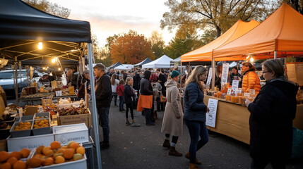 Busy outdoor market with people browsing various stalls selling fresh produce, honey, and handmade goods under tents during early evening