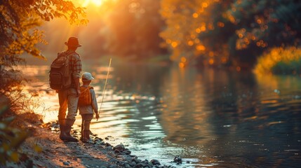 Father and Son Fishing Together at Sunset - Family Travel Adventure and Bonding in Nature