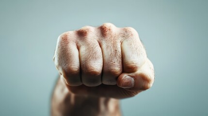 Fototapeta premium A close-up of a clenched fist against a neutral background, representing human strength, resolve, and the raw physical power and energy of determination.