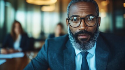 Fototapeta premium A distinguished man with gray beard and glasses in a corporate environment, exuding confidence and leadership in a business meeting setting.
