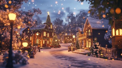 Fototapeta premium Vintage Christmas Village with Snow Decorated Trees in Evening Light