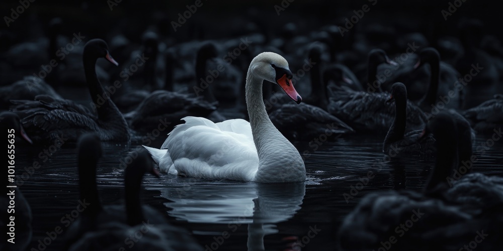 Sticker A group of swans swimming together in a calm lake, great for use in nature or wildlife scenes.