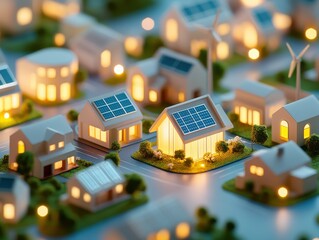 Obraz premium A miniature model of a sustainable neighborhood showcasing homes with solar panels and wind turbines, illuminated at night.