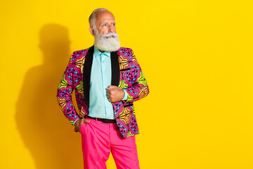 Photo portrait of nice senior male look empty space confident wear trendy colorful fancy outfit...