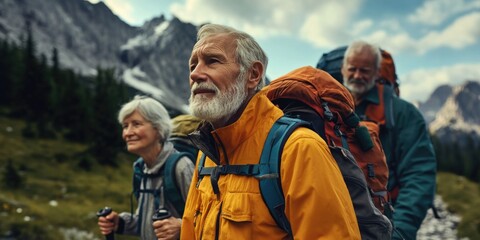 Fototapeta premium Hikers in mountainous terrain