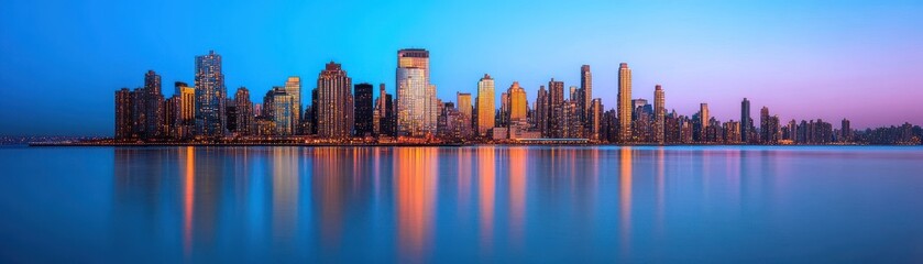 Obraz premium Stunning city skyline at twilight, reflecting beautifully on water, showcasing modern architecture and vibrant lights.