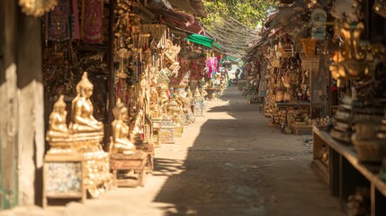 Fototapeta premium Vibrant Vintage Street Exploration - Candid Ultra-Realistic Shot of Shoppers Discovering Unique Finds in Colorful Retro Shops