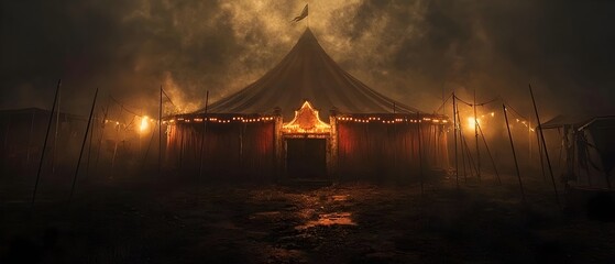 Eerie Haunted Circus Tent with Creepy Lighting and Dark Atmosphere   Spooky Suspenseful Halloween Scene with Sinister Mood and Mysterious Vibe