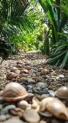 A serene path lined with stones and snails, surrounded by lush greenery and tropical plants, inviting exploration and tranquility.