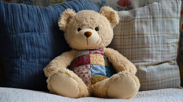 A teddy bear with a small, patchwork cloth, leaning against a pillow, evoking feelings of comfort and companionship