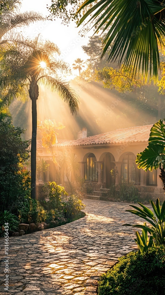 Poster a serene pathway leads through lush greenery, illuminated by golden sunlight filtering through palm 