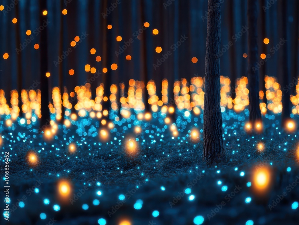 Aufkleber a magical forest illuminated with glowing orbs, creating an enchanting atmosphere of light and color