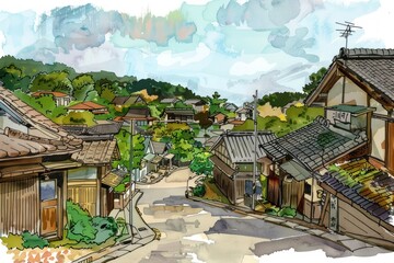 Obraz premium Village in Japan in style pen neighborhood architecture countryside.