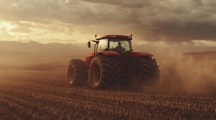 Fototapeta premium Tractor Field Sunset.