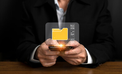 E-document management Paperless workplace, Businessman touching on document for online approve paperless quality assurance and ERP management..online documentation database, paperless office concept.