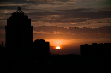 Sunrise over modern office buildings in business district center of Odesa. 