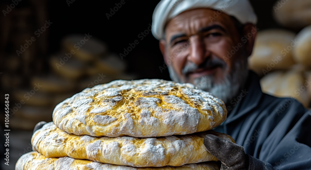 Poster man is holding a tray of bread. there are many different types of bread on the tray. person eating a