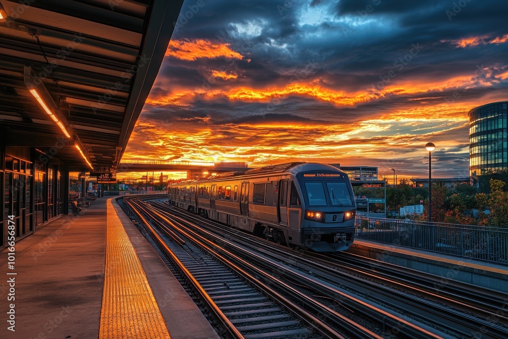 Poster a train moving towards the setting sun.