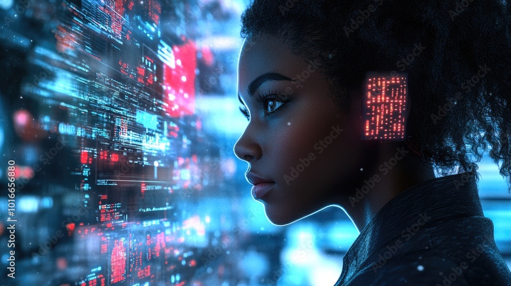 Poster a person examining electronic data on a screen.