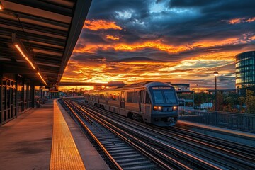 Obraz premium A train moving towards the setting sun.