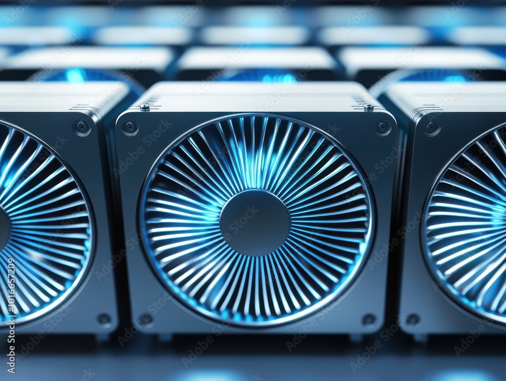 Poster close-up of modern cooling fan systems with blue light effects for efficient temperature control in 