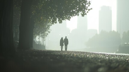 Fototapeta premium Tranquil Urban Stroll: Couple Walking Hand in Hand along Riverbank with City Skyline in Background - Ultra-Realistic Street Photography