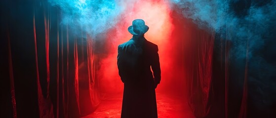 Haunted circus sideshow with eerie shadowy performers against a dramatic backdrop of red and blue lighting fog and swirling smoke