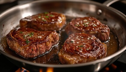 Searing Steaks in a Stainless Steel Pan with Oil Sizzling Heat